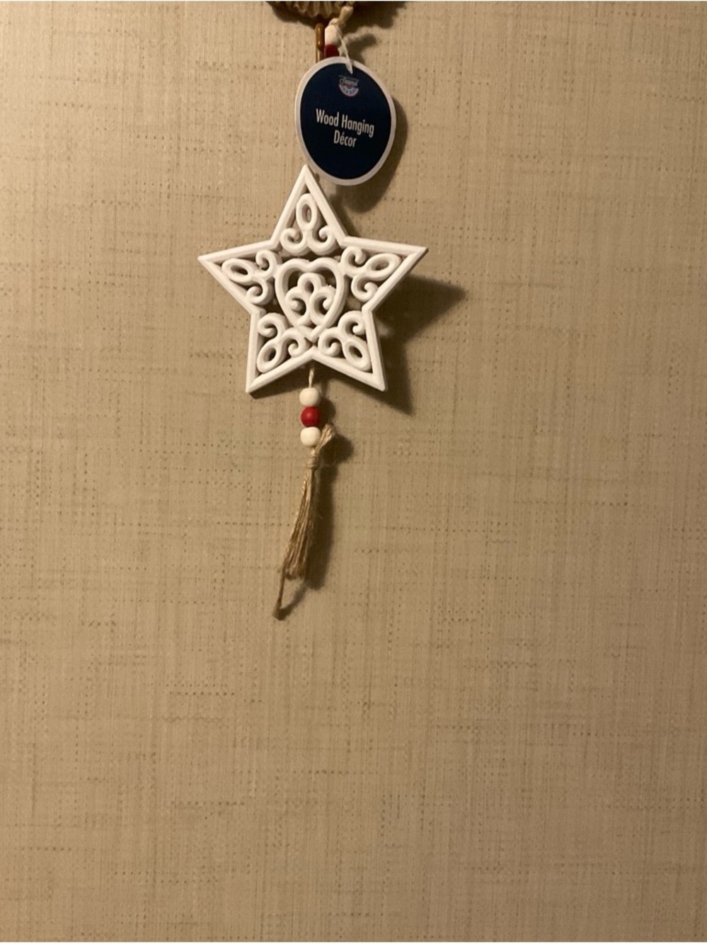Hobby Lobby White Carved Star Wood Hanging Decor with Red Bead Accent